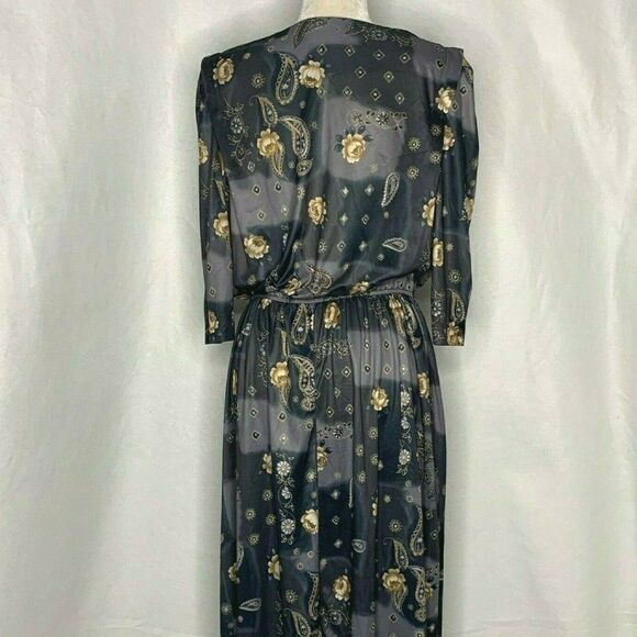 Vtg Midi Dress 14 Gray Floral Paisley 3/4 Sleeve - Picture 5 of 6